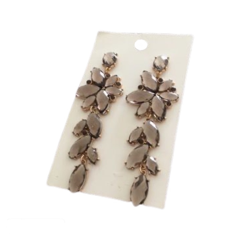 Brand New H&M Taupe Dangling Rhinestone Crystal Flower Earrings